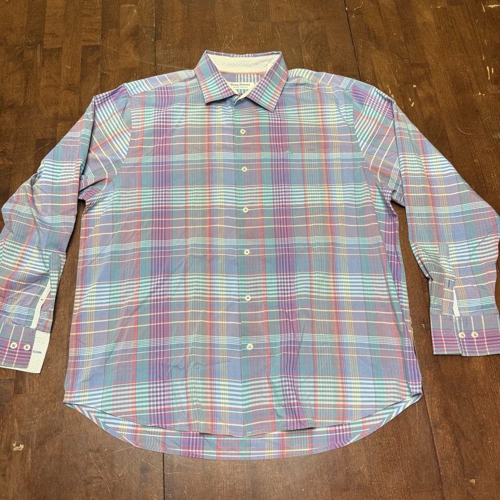 Tommy Bahama Sarasota Stretch Mens Shirt‎ XL Long Sleeve Button Up Plaid Coolmax